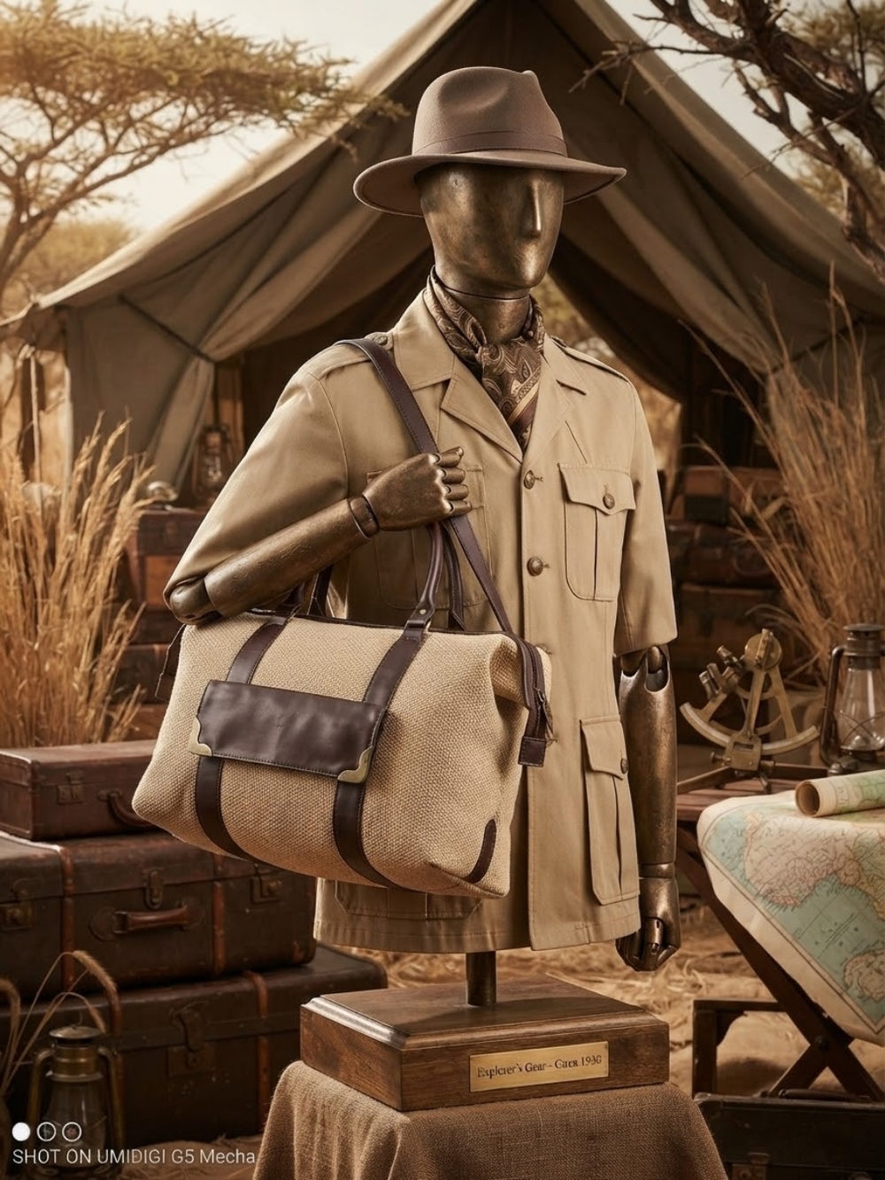 Vintage Brown & Beige Travel Duffel Bag With Bronze Accents